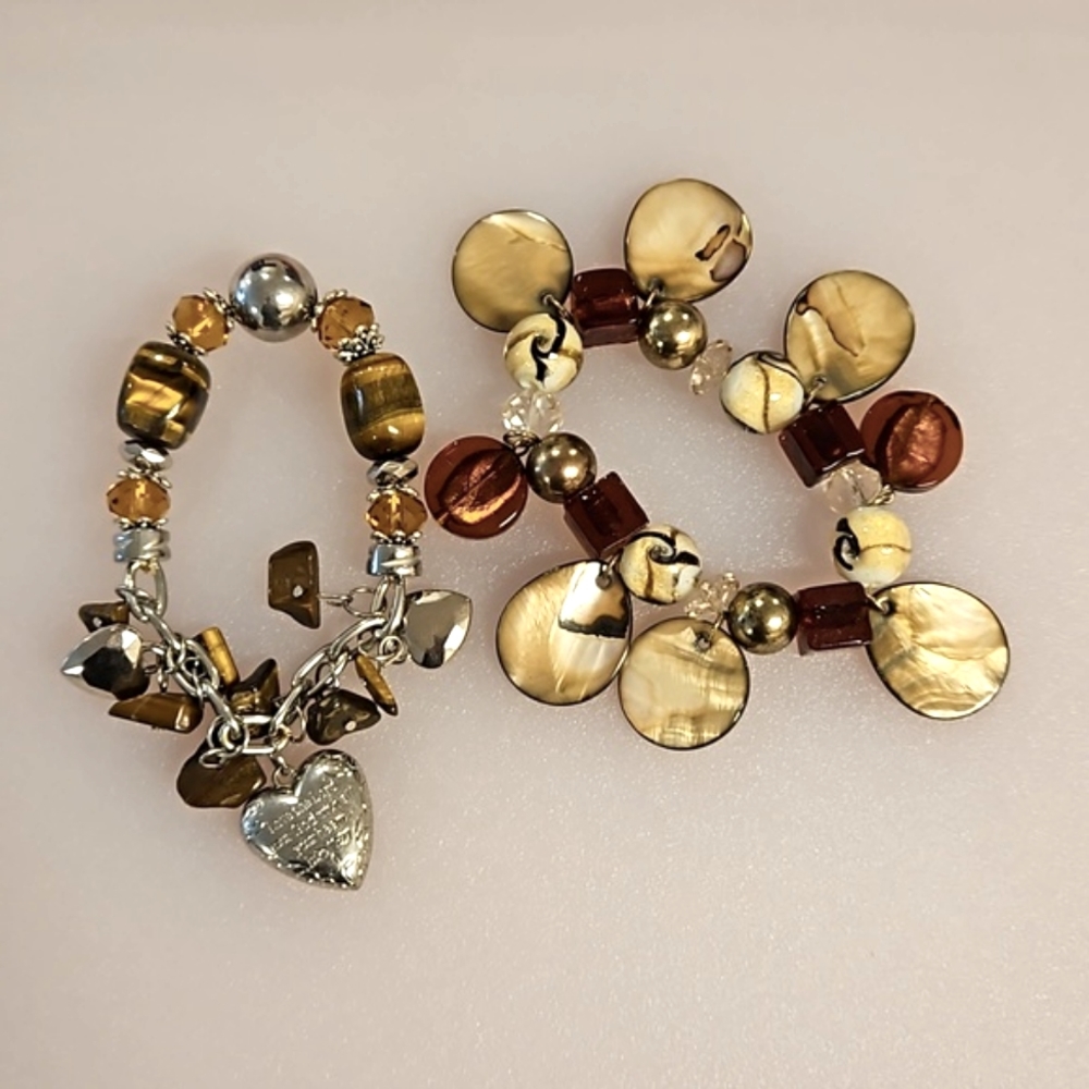 Set of 2 Amber topaz tiger's eye beads crystals hearts and charms bracelets